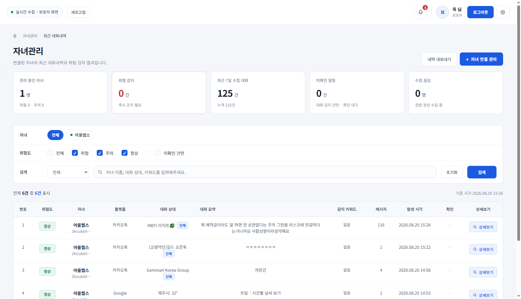 위험 대화 신호 보호자 화면